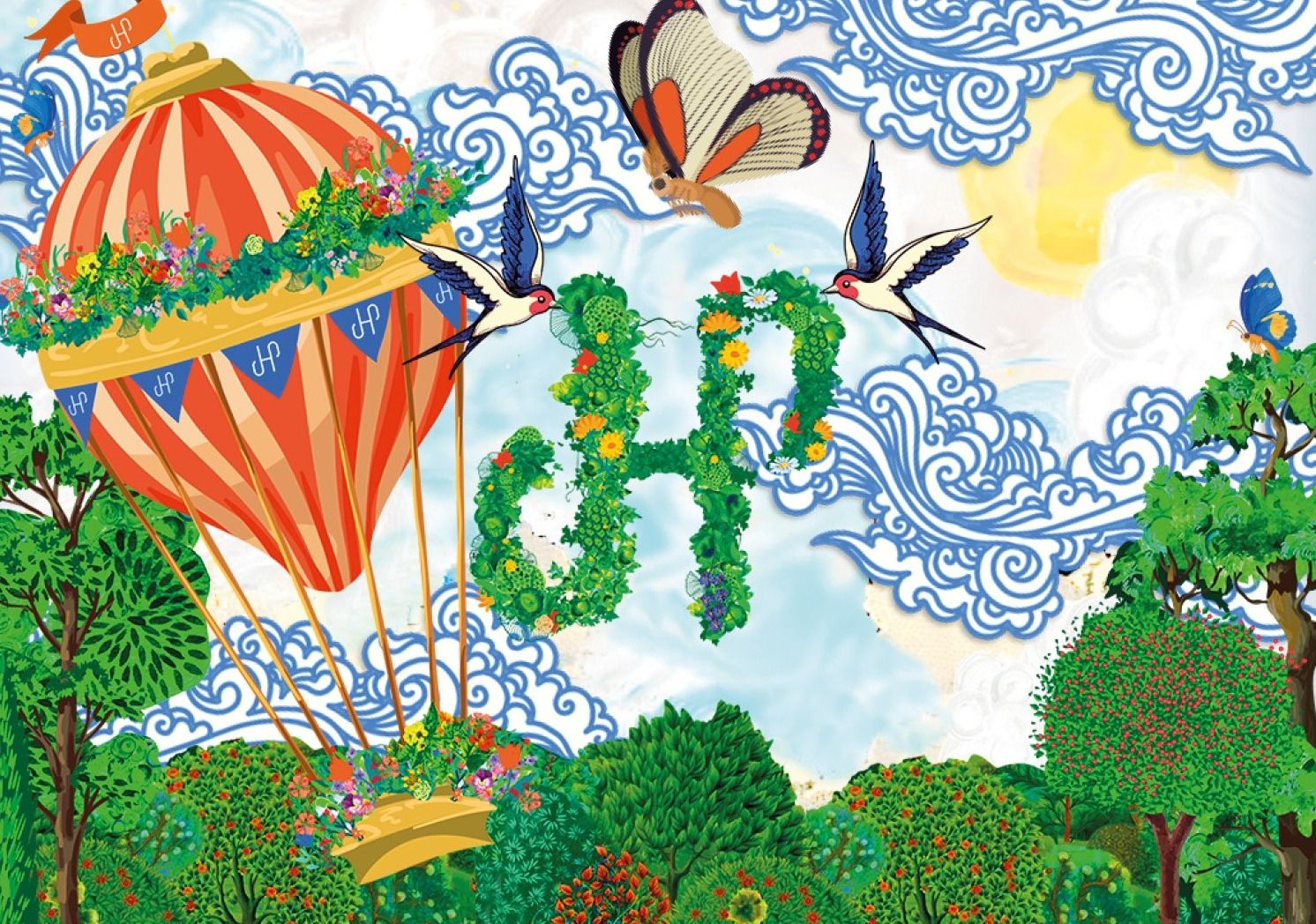 Hot-air balloon striped in red and cream drifting over a dense illustrated garden, with swallows, a butterfly and a JH&P monogram grown from leaves