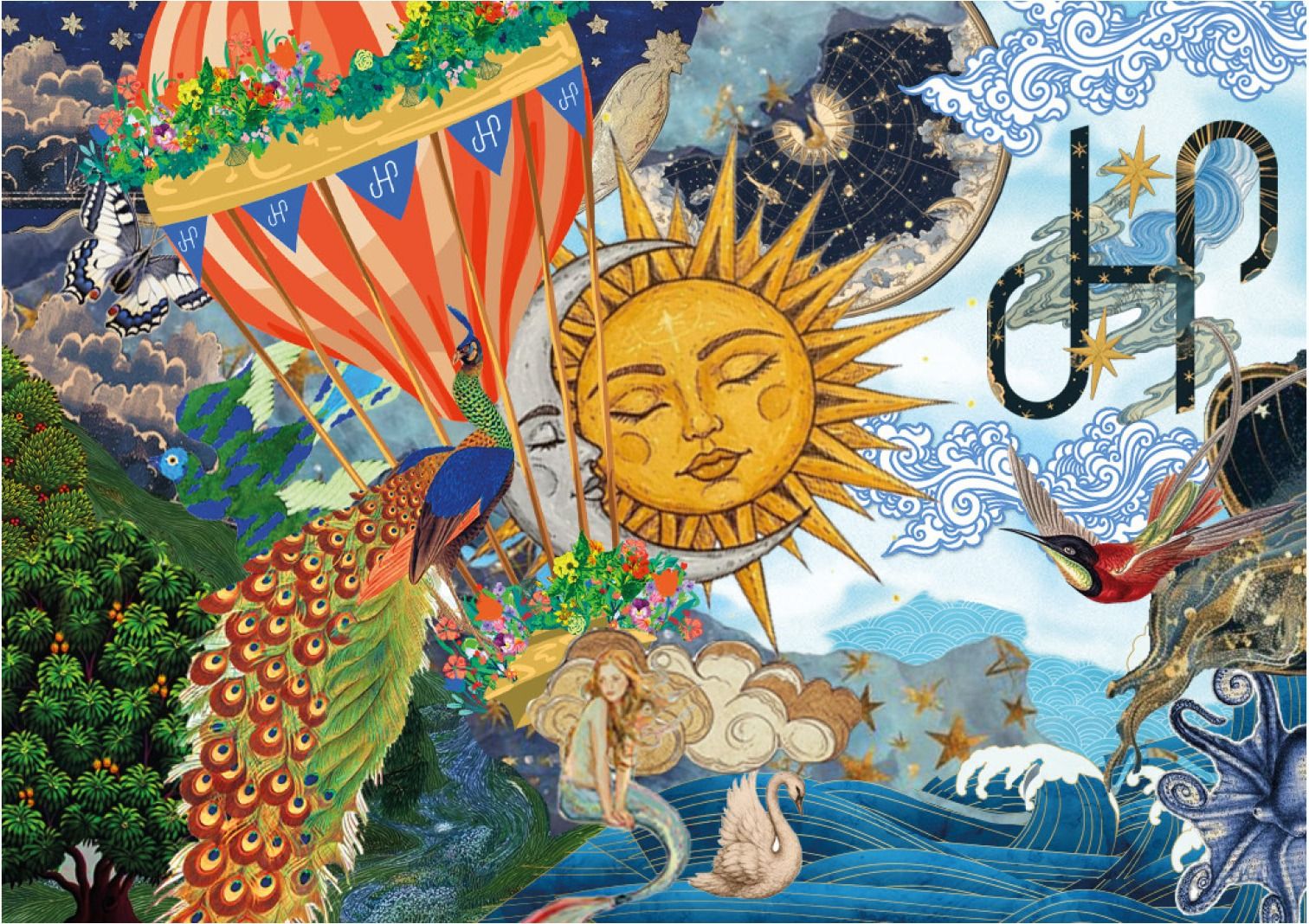 Night version: balloon, peacock, mermaid, swan and a golden sun against a starry sky and waves